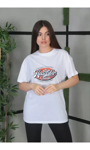 Unisex Baskılı Oversize T-Shirt - Beyaz