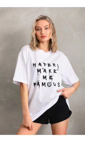Unisex Baskılı Oversize T-Shirt - Beyaz
