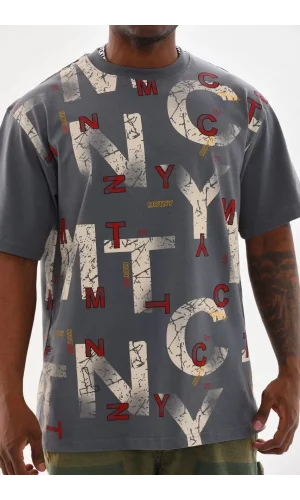 Unisex Baskılı Oversize T-Shirt - Füme