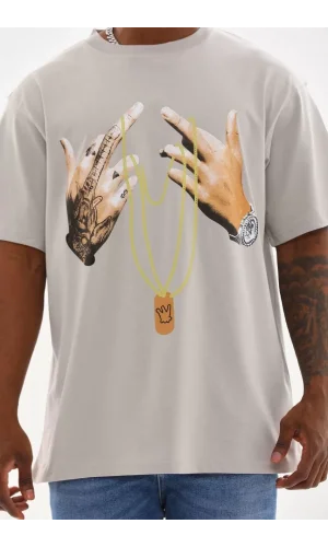 Unisex Baskılı Oversize T-Shirt - Gri