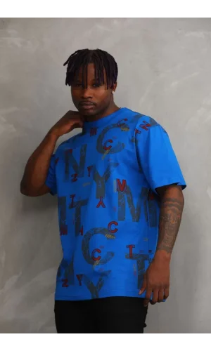 Unisex Baskılı Oversize T-Shirt - Mavi
