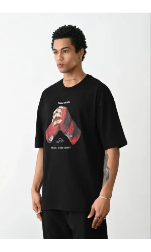Unisex Baskılı Oversize T-Shirt - Siyah