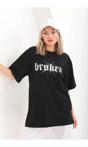 Unisex Baskılı Oversize T-Shirt - Siyah