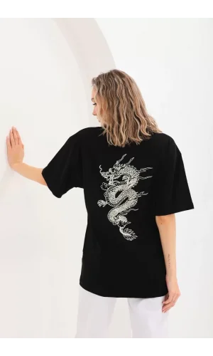 Unisex Baskılı Oversize T-Shirt - Siyah
