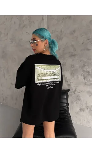Unisex Baskılı Oversize T-Shirt - Siyah