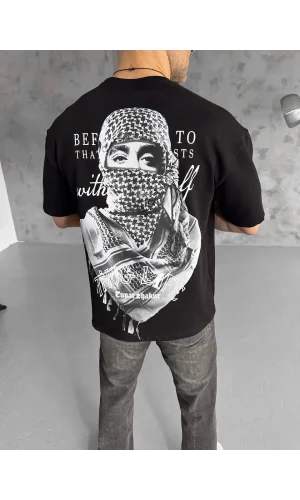Unisex Baskılı Oversize T-Shirt - Siyah