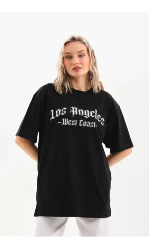 Unisex Baskılı Oversize T-Shirt - Siyah