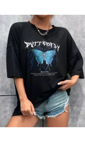 Unisex Baskılı Oversize T-Shirt - Siyah