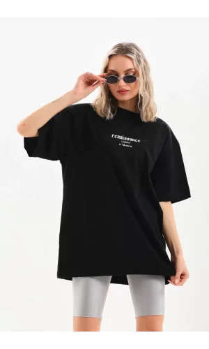 Unisex Baskılı Oversize T-Shirt - Siyah