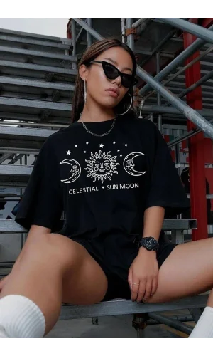 Unisex Baskılı Oversize T-Shirt - Siyah