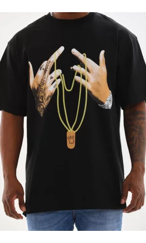 Unisex Baskılı Oversize T-Shirt - Siyah