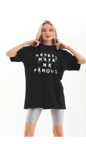 Unisex Baskılı Oversize T-Shirt - Siyah