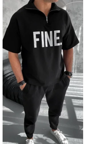 Unisex Baskılı Yarım Fermuarlı T-Shirt - Siyah