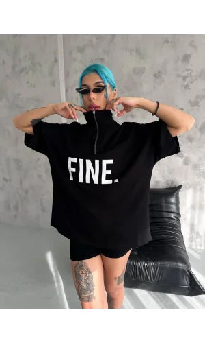 Unisex Baskılı Yarım Fermuarlı T-Shirt - Siyah