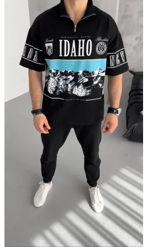 Unisex Baskılı Yarım Fermuarlı T-Shirt - Siyah