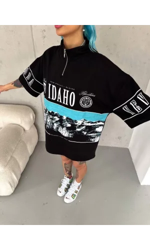 Unisex Baskılı Yarım Fermuarlı T-Shirt - Siyah