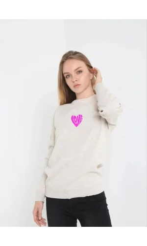 Unisex Bisiklet Yaka Baskılı Dokuma Triko - Bej