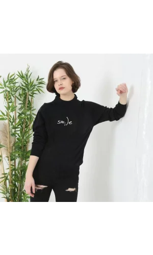 Unisex Bisiklet Yaka Baskılı Dokuma Triko - Siyah