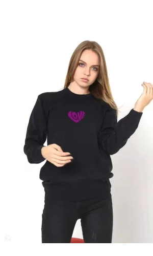 Unisex Bisiklet Yaka Baskılı Dokuma Triko - Siyah