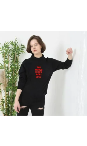 Unisex Bisiklet Yaka Baskılı Dokuma Triko - Siyah