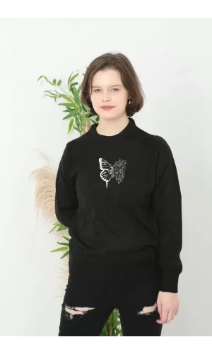 Unisex Bisiklet Yaka Baskılı Dokuma Triko - Siyah