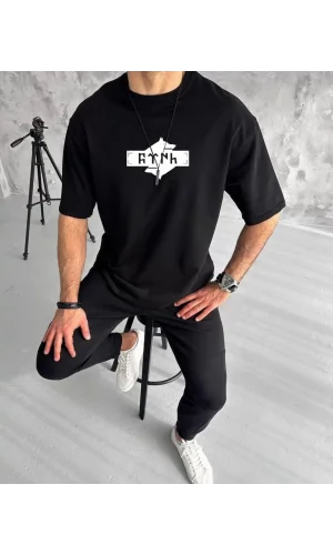 Unisex Bisiklet Yaka Baskılı Double Oversize T-Shirt - Siyah