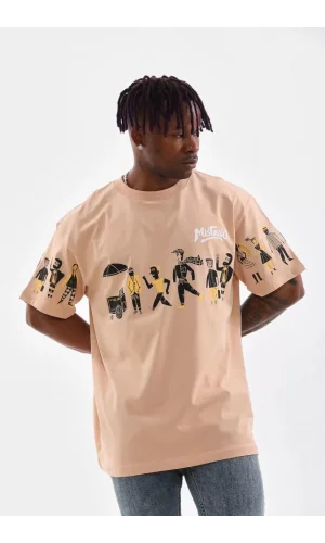 Unisex Bisiklet Yaka Baskılı Oversize T-Shirt - Bej