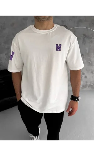 Unisex Bisiklet Yaka Baskılı Oversize T-Shirt - Beyaz