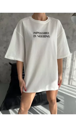 Unisex Bisiklet Yaka Baskılı Oversize T-Shirt - Beyaz