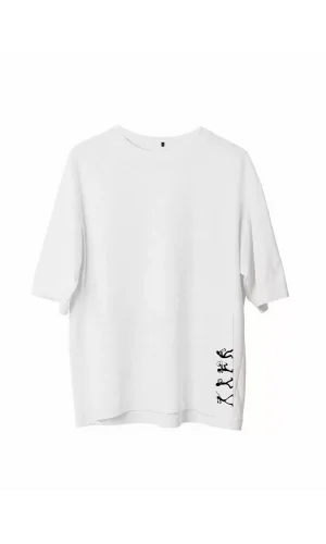 Unisex Bisiklet Yaka Baskılı Oversize T-Shirt - Beyaz