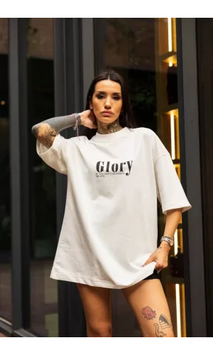 Unisex Bisiklet Yaka Baskılı Oversize T-Shirt - Beyaz