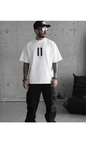 Unisex Bisiklet Yaka Baskılı Oversize T-Shirt - Beyaz