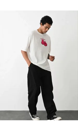 Unisex Bisiklet Yaka Baskılı Oversize T-Shirt - Beyaz