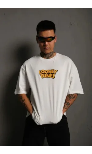Unisex Bisiklet Yaka Baskılı Oversize T-Shirt - Beyaz