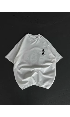 Unisex Bisiklet Yaka Baskılı Oversize T-Shirt - Beyaz