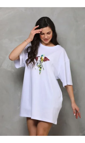 Unisex Bisiklet Yaka Baskılı Oversize T-Shirt - Beyaz