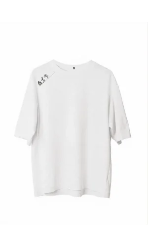 Unisex Bisiklet Yaka Baskılı Oversize T-Shirt - Beyaz