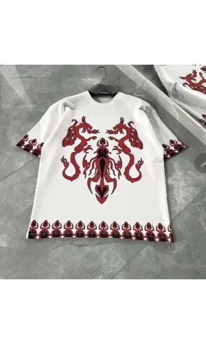 Unisex Bisiklet Yaka Baskılı Oversize T-Shirt - Beyaz