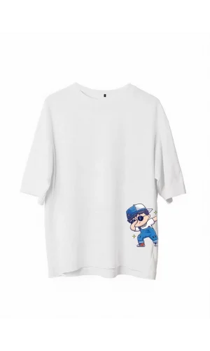 Unisex Bisiklet Yaka Baskılı Oversize T-Shirt - Beyaz