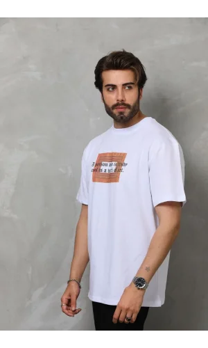 Unisex Bisiklet Yaka Baskılı Oversize T-Shirt - Beyaz
