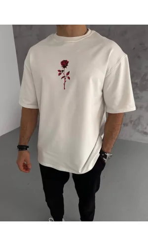 Unisex Bisiklet Yaka Baskılı Oversize T-Shirt - Beyaz