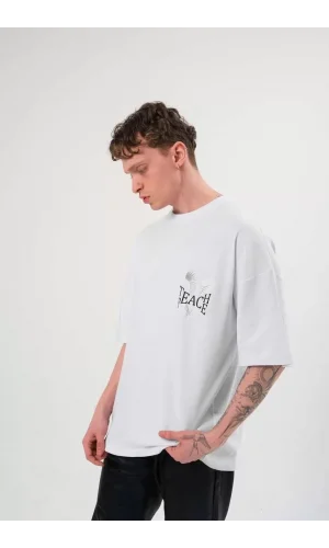 Unisex Bisiklet Yaka Baskılı Oversize T-Shirt - Beyaz