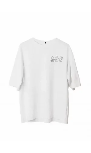 Unisex Bisiklet Yaka Baskılı Oversize T-Shirt - Beyaz