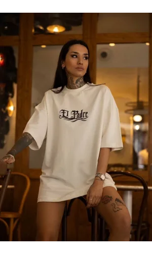 Unisex Bisiklet Yaka Baskılı Oversize T-Shirt - Beyaz