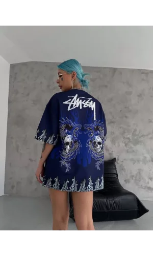 Unisex Bisiklet Yaka Baskılı Oversize T-Shirt - Lacivert