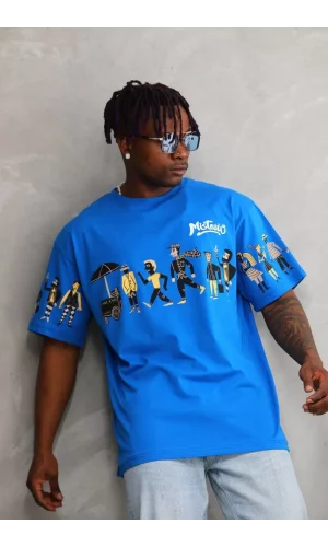 Unisex Bisiklet Yaka Baskılı Oversize T-Shirt - Mavi