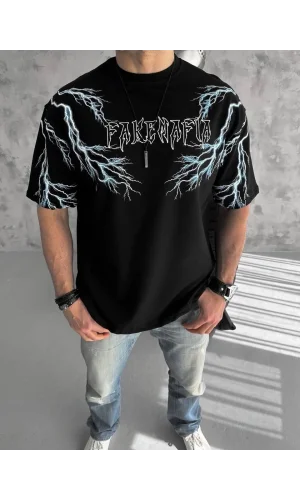 Unisex Bisiklet Yaka Baskılı Oversize T-Shirt-Siyah