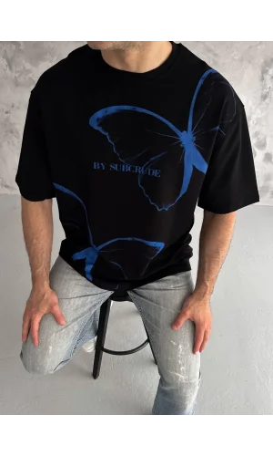 Unisex Bisiklet Yaka Baskılı Oversize T-Shirt - Siyah