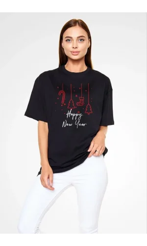 Unisex Bisiklet Yaka Baskılı Oversize T-Shirt - Siyah