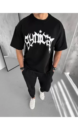 Unisex Bisiklet Yaka Baskılı Oversize T-Shirt - Siyah